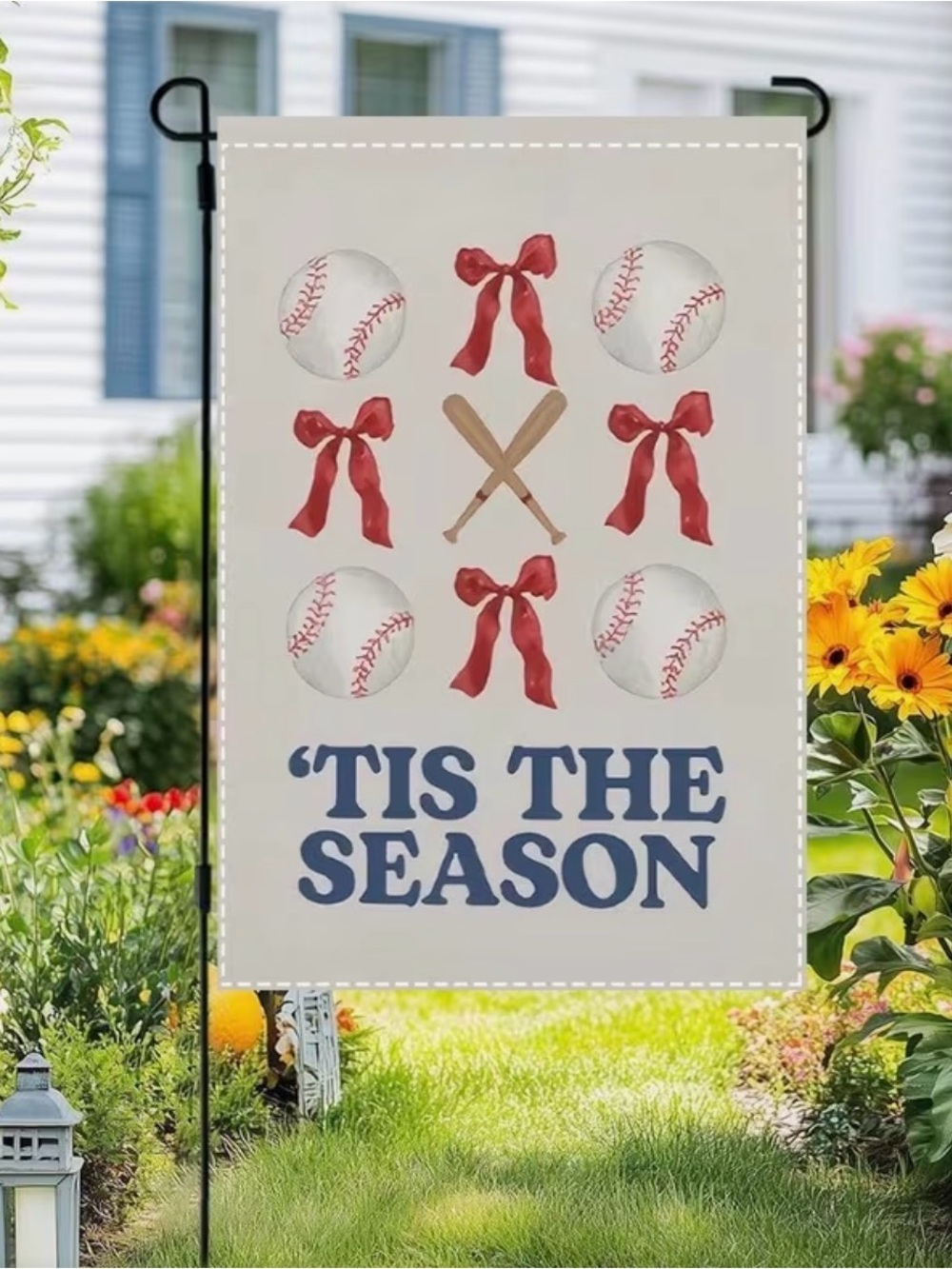 Tis The Season Baseball & Bows Tic-Tac-Toe Double-Sided Garden Flag (12" x 18")